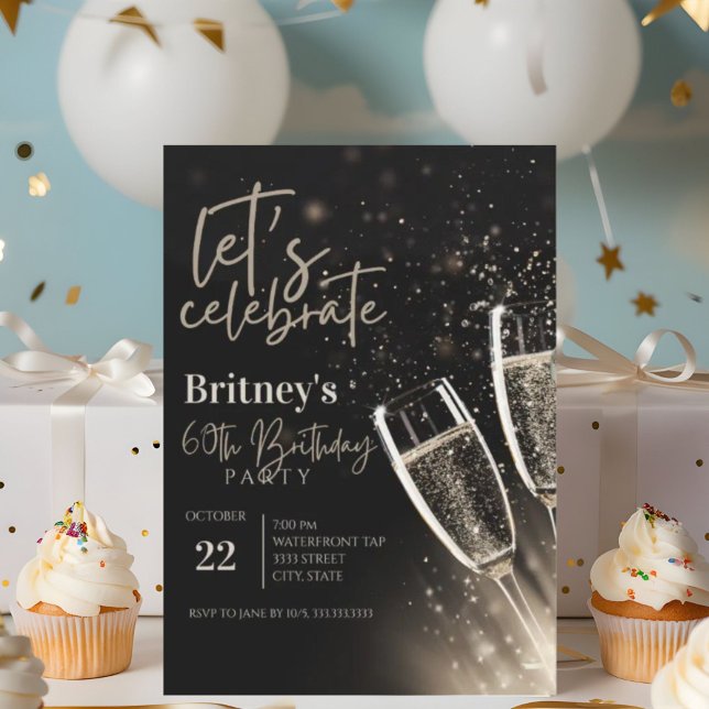 Black Gold Champagne 60th Birthday Party  Invitation (Creator Uploaded)