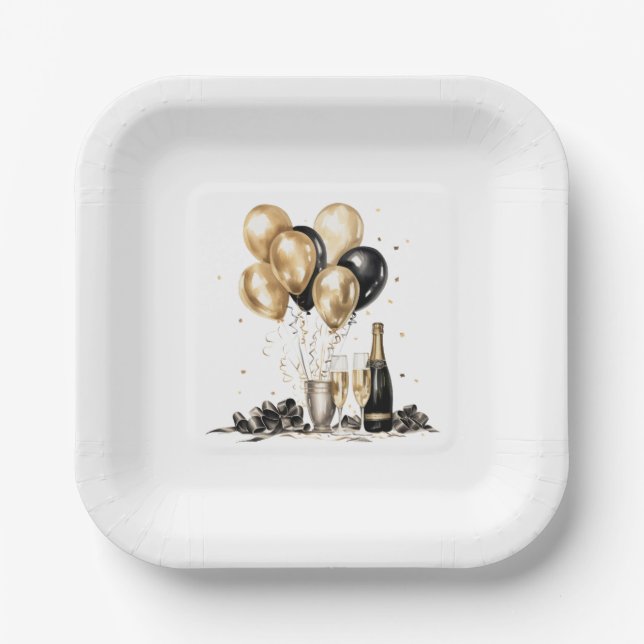 Black Gold Champagne Balloons Party Paper Plates (Front)
