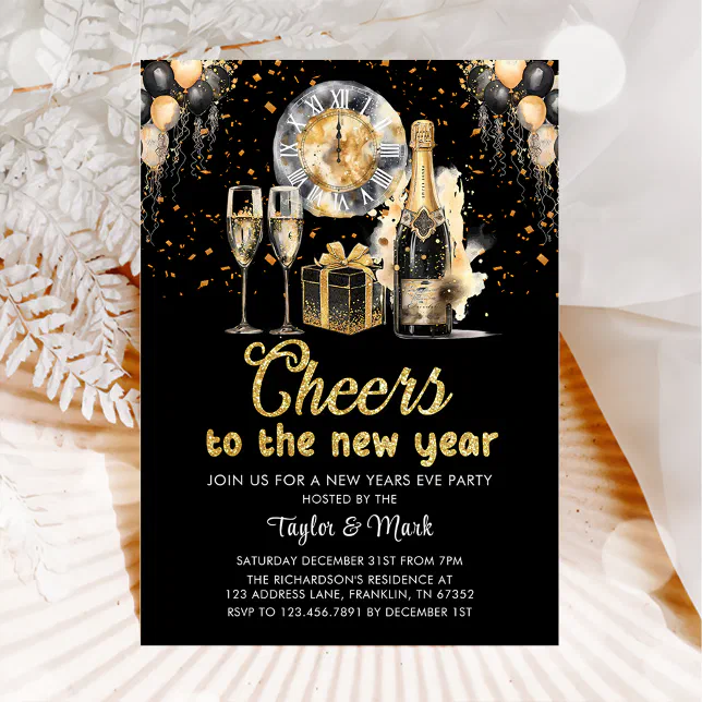 Black Gold Champagne Cheers New Years Eve Party Invitation | Zazzle