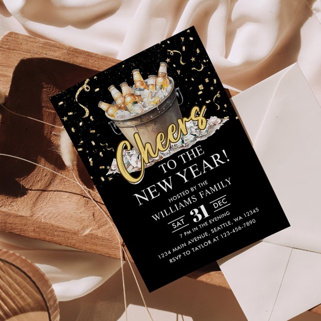 Black Gold Champagne Cheers New Years Eve Party Invitation (Creator Uploaded)
