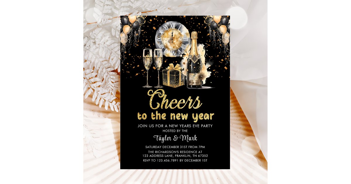 Black Gold Champagne Cheers New Years Eve Party Invitation | Zazzle