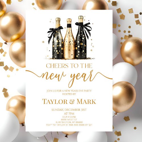 Black Gold Champagne Cheers New Years Eve Party Invitation