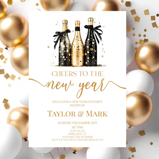 Black Gold Champagne Cheers New Years Eve Party Invitation | Zazzle