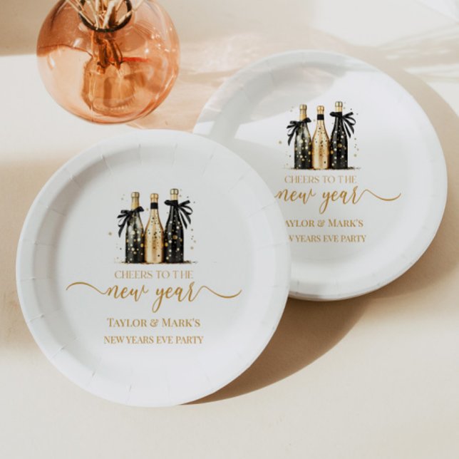 Black Gold Champagne Cheers New Years Eve Party Paper Plates (Creator Uploaded)