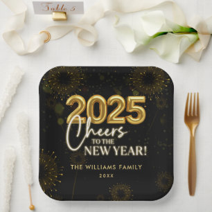 Black Gold Champagne Cheers New Years Eve Party Paper Plates