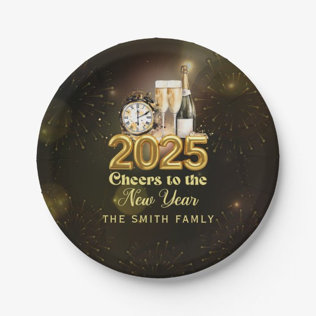 Black Gold Champagne Cheers New Years Eve Party Paper Plates (Front)