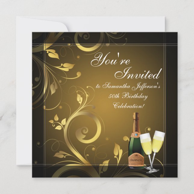 Black/Gold Champagne Custom 50th Birthday Party Invitation (Front)