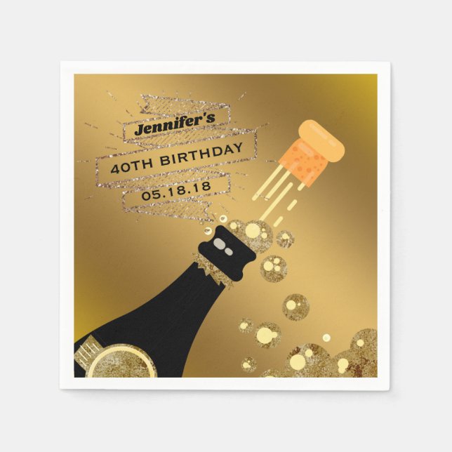 Black Gold Champagne Elegant Birthday Party Paper Napkins (Front)