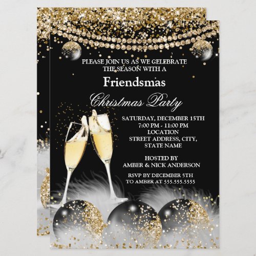 Black Gold Champagne Friendsmas Christmas Party Invitation