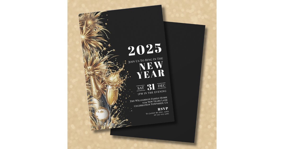 Black Gold Champagne New Year's Eve Party Invitation | Zazzle