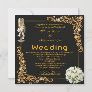 Black Gold Champagne Pearl Photo Wedding Invitation