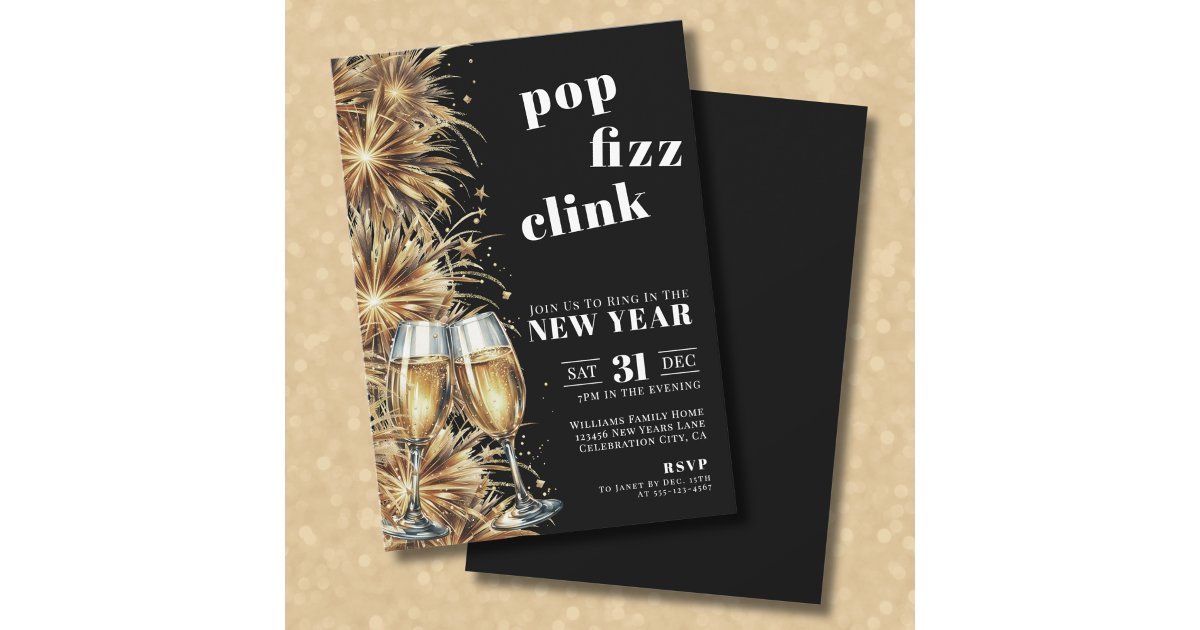 Black Gold Champagne Pop New Year's Eve Party Invitation | Zazzle