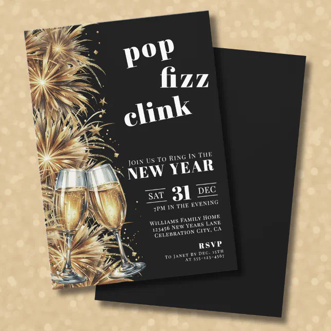 Black Gold Champagne Pop New Year's Eve Party Invitation | Zazzle