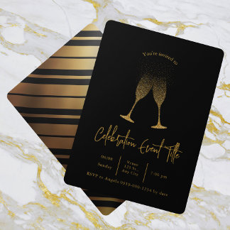 Black & Gold Champagne Theme Party Invitation