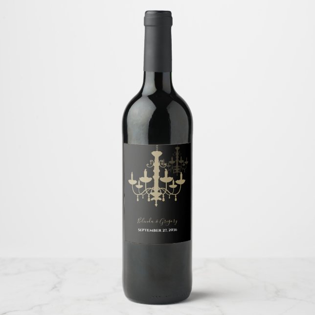 Black Gold Chandelier Wedding   Wine Label (Front)