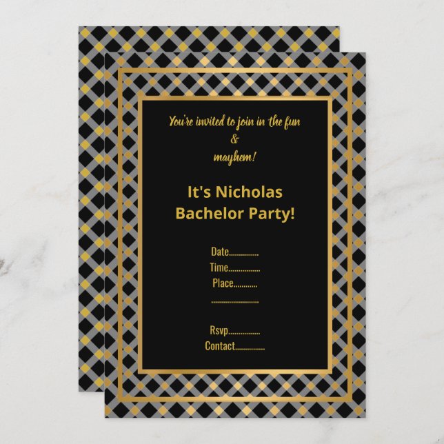 BLACK GOLD CHECK BACHELOR PARTY INVITE (Front/Back)