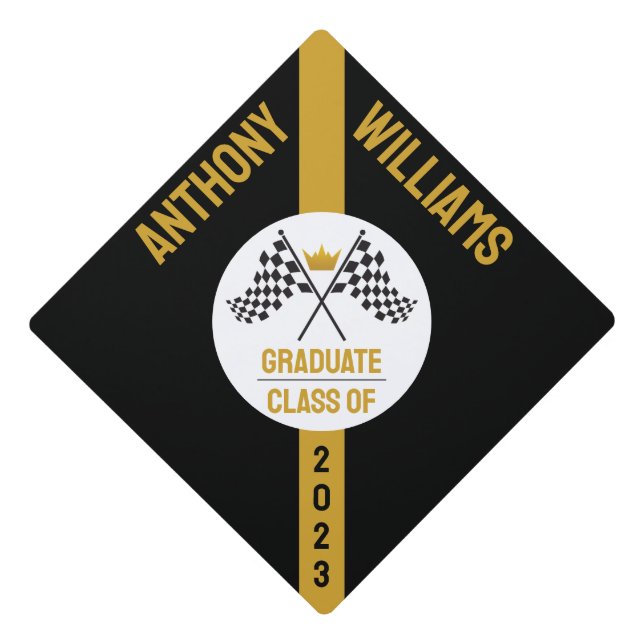 Black Gold Checkered Flag Graduation Tassel Topper (Front)