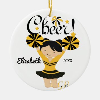 Black & Gold Cheer Black Hair Cheerleader Ornament by celebrateitornaments at Zazzle
