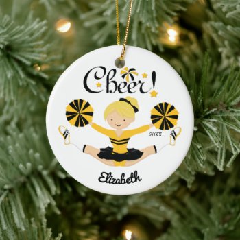 Black & Gold Cheer Blonde Cheerleader Ornament by celebrateitornaments at Zazzle