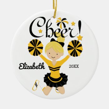 Black & Gold Cheer Blonde Cheerleader Ornament by celebrateitornaments at Zazzle