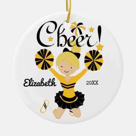Black & Gold Cheer Blonde Cheerleader Ornament