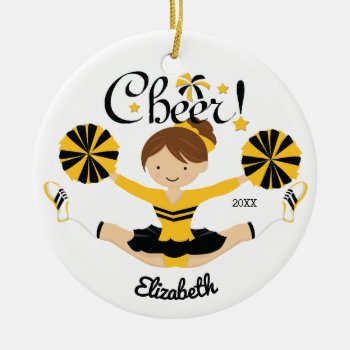 Black & Gold Cheer Brunette Cheerleader Ornament by celebrateitornaments at Zazzle