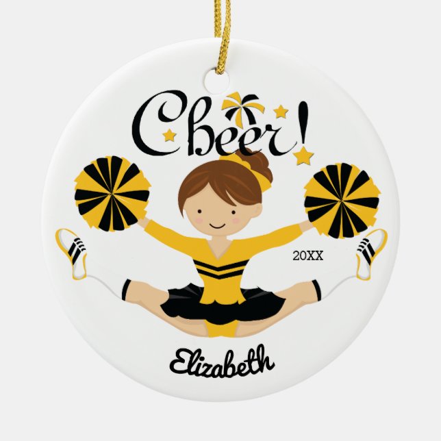 Black & Gold Cheer Brunette Cheerleader Ornament (Front)