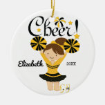 Black &amp; Gold Cheer Brunette Cheerleader Ornament at Zazzle