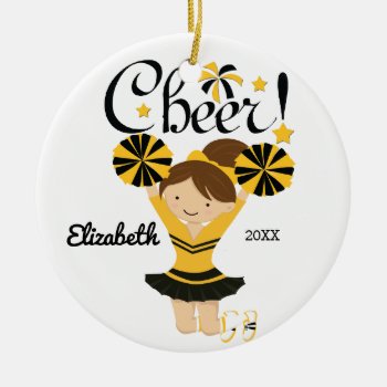 Black & Gold Cheer Brunette Cheerleader Ornament by celebrateitornaments at Zazzle