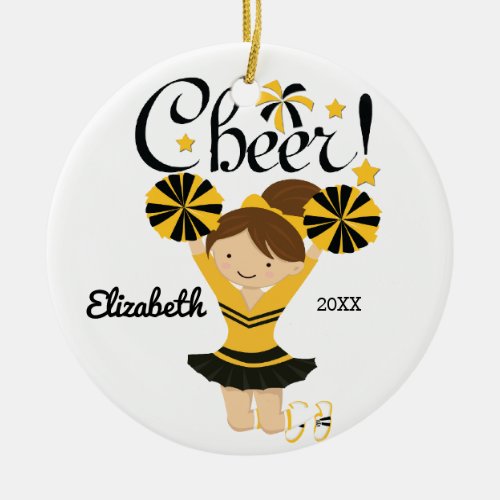 Black  Gold Cheer Brunette Cheerleader Ornament