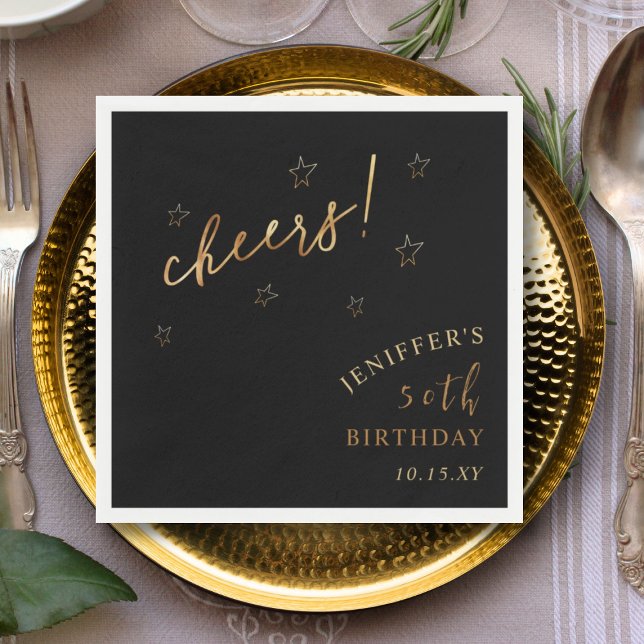 Black Gold Cheers 40th 50th 60th Birthday Party Napkins (Creator Uploaded)