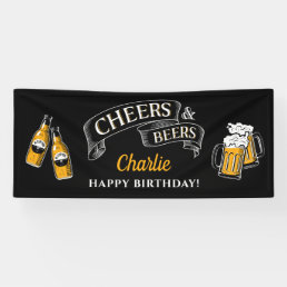 Black Gold Cheers And Beers Any Age Birthday Banner