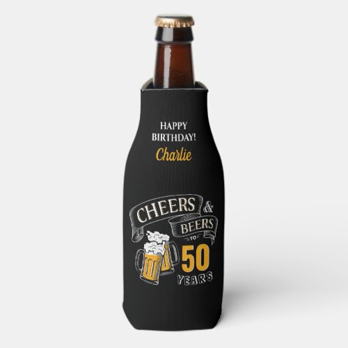 Black Gold Cheers And Beers Any Age Birthday Bottle Cooler