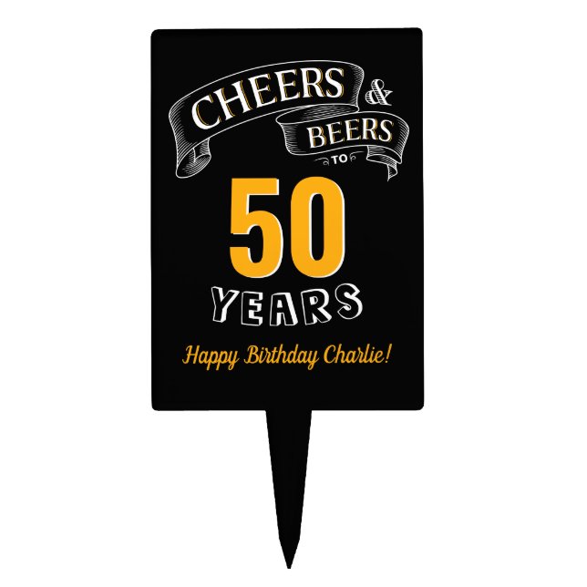 Black Gold Cheers And Beers Any Age Birthday Cake Topper (Front)