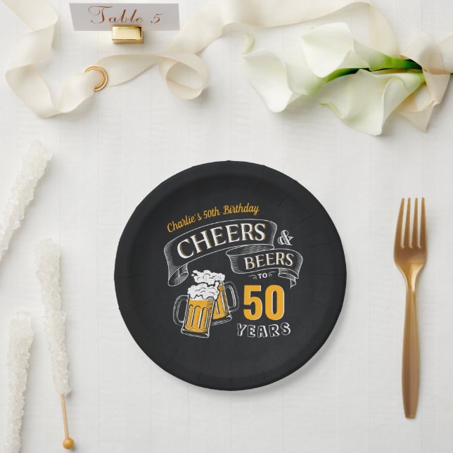Black Gold Cheers And Beers Any Age Birthday Paper Plates (Wedding)