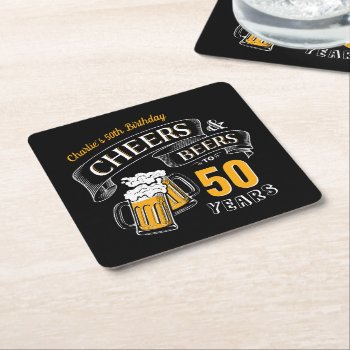 Black Gold Cheers And Beers Any Age Birthday Square Paper Coaster by AvaPaperie at Zazzle