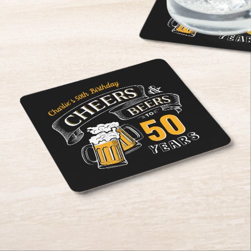 Black Gold Cheers And Beers Any Age Birthday Square Paper Coaster