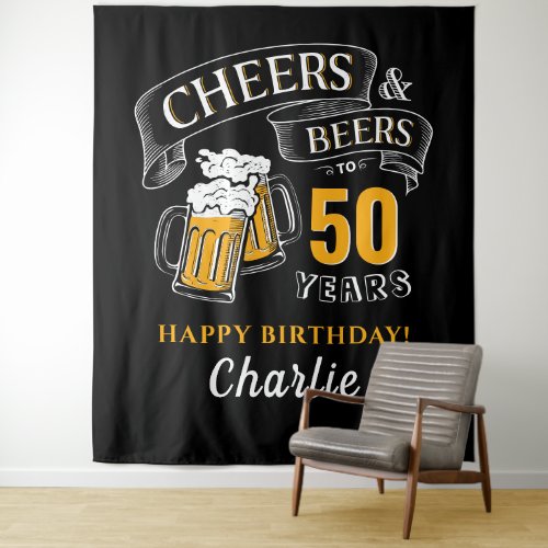 Black Gold Cheers And Beers Any Age Birthday Tapestry
