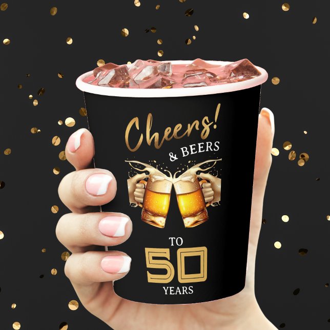 Black & Gold Cheers & Beers 50 Years 50th Birthday Paper Cups (Black & Gold Cheers & Beers 50 Years 50th Birthday Paper Cups)