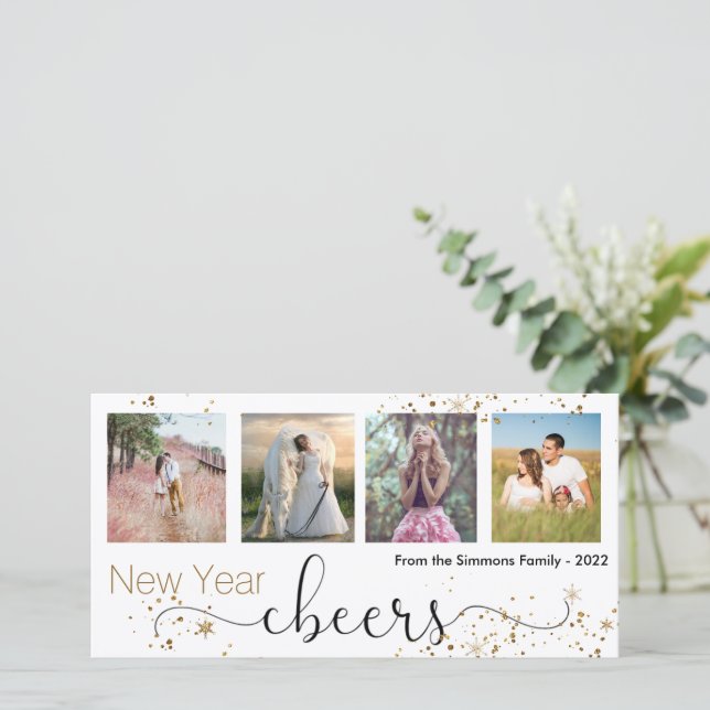 Black Gold Cheers Happy New Year Photo Collage Holiday Card (Standing Front)