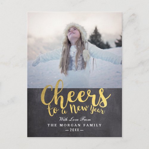 Black  Gold Cheers New Year Script Greeting Photo Holiday Postcard