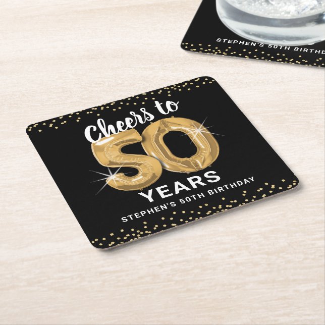 Black Gold Cheers to 50 Years Birthday Square Paper Coaster (Angled)
