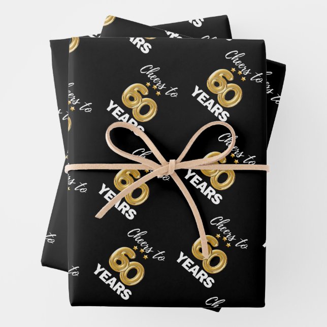 Black Gold Cheers to 60 Years Birthday Wrapping Paper Sheets (In situ)