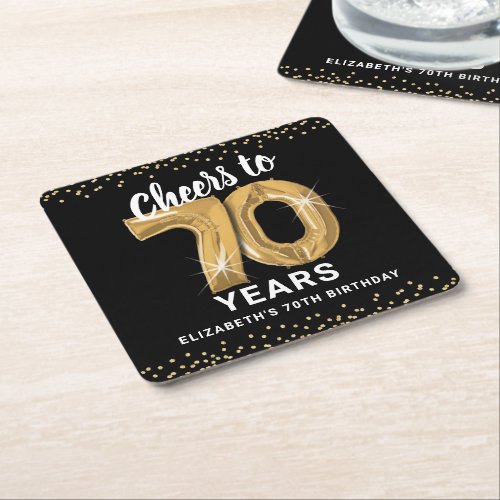 Black Gold Cheers to 70 Years Birthday Square Paper Coaster