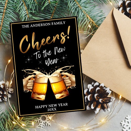 Black  Gold Cheers to New Years Eve 2024 Photo Holiday Card