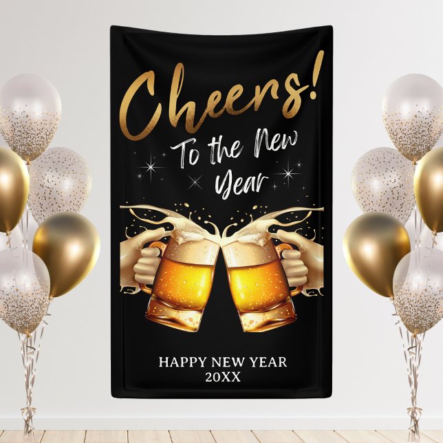 Black & Gold Cheers to New Years Eve Party 2024 Banner (Black & Gold Cheers to New Years Eve Party 2024 Banner)