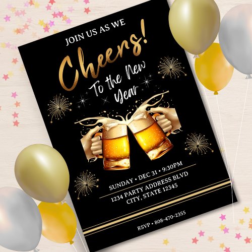 Black  Gold Cheers to New Years Eve Party 2024 Invitation