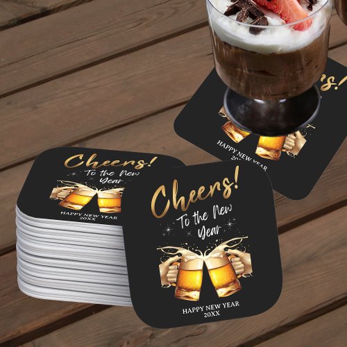Black  Gold Cheers to New Years Eve Party 2024 Square Paper Coaster