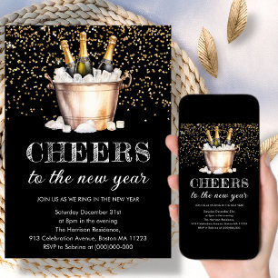 Black & Gold Cheers To The New Year Invitation