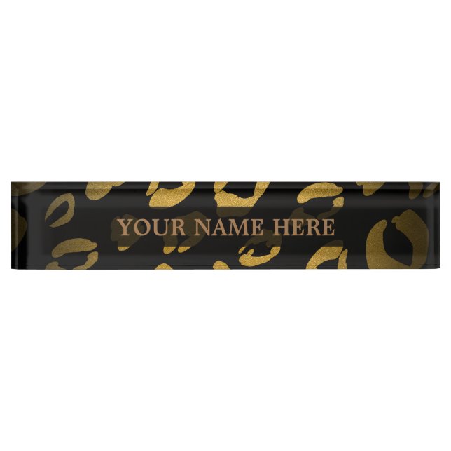 Black & Gold Cheetah Leopard Glam Personalized Desk Name Plate (Front)